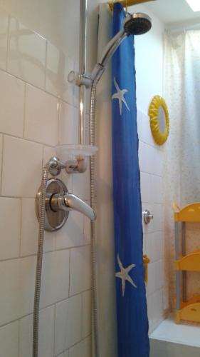 a shower with a blue shower curtain with stars on it at Terrazza Giraldi in Florence