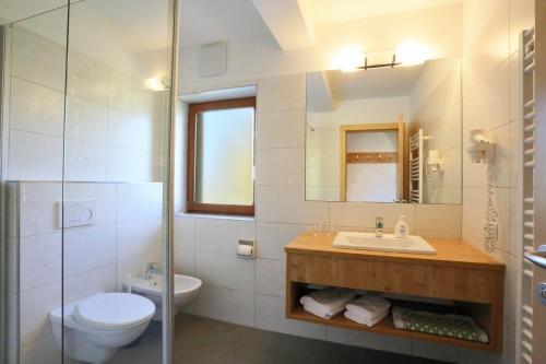 a bathroom with a sink and a toilet and a mirror at Hotel Pichlerhof in San Lorenzo di Sebato