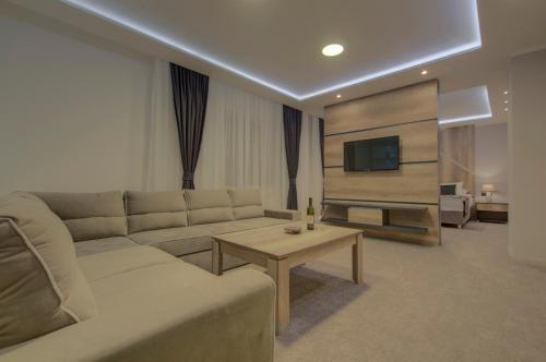 a living room with a couch and a tv at Hotel Zlatna Žita in Pale