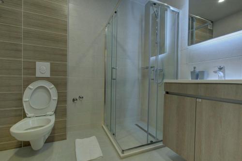 a bathroom with a toilet and a glass shower at Hotel Zlatna Žita in Pale
