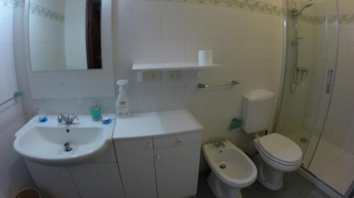 a bathroom with a sink and a toilet and a shower at Condominio Circus in Breuil-Cervinia