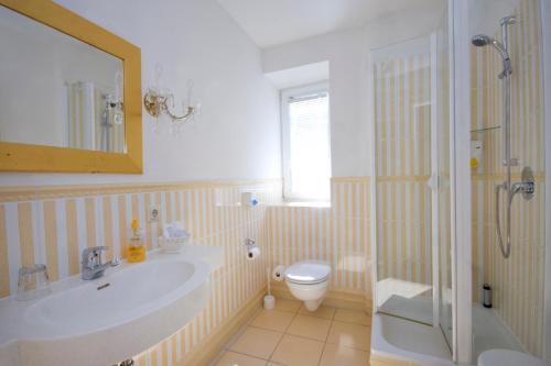 bagno con lavandino, servizi igienici e specchio di Hotel Burgblick a Hochburg-Ach