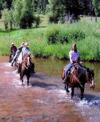 a group of people riding horses through a river at Circle K Ranch in Rico
