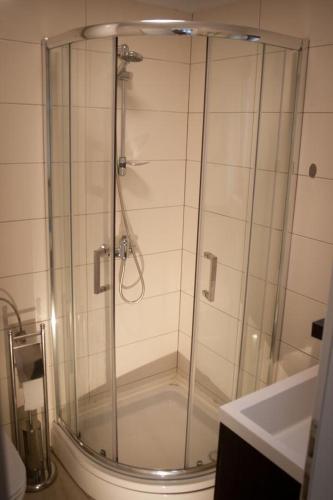 a glass shower in a bathroom with a sink at Vila Murvenica in Šilo