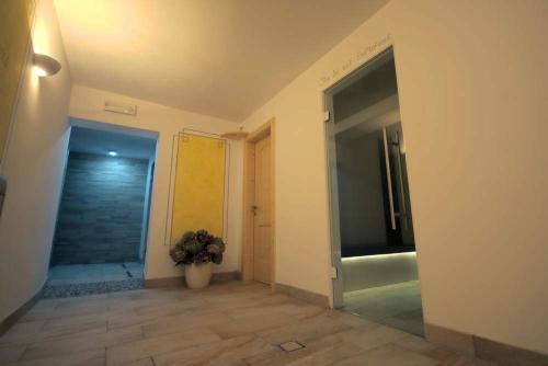 a hallway with a door and a vase with a plant at Hotel La Molinella in Soraga