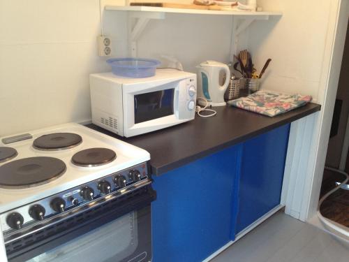 a kitchen with a stove and a microwave on a counter at Källviken Semesterby in Strömstad