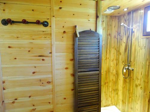 a shower in a bathroom with a wooden wall at Etangs du Moulin in Suzy