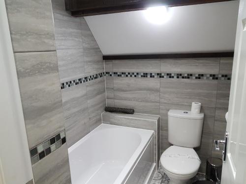 a bathroom with a toilet and a bath tub at The Glebe Hotel in Liverpool