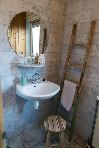 a bathroom with a sink and a mirror and a ladder at Aloha Beach House in Scharendijke