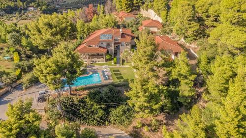 an aerial view of a house with a swimming pool at Thea Hotel in Possidi