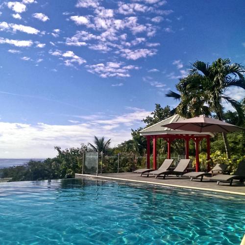 a swimming pool with chairs and an umbrella and the ocean at Le Rayon Vert - Hôtel & Restaurant VUE SUR MER in Deshaies