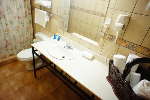 a bathroom with a sink and a toilet and a mirror at Hotel Cafe in Jinotega