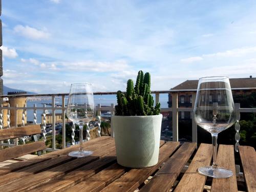 a wooden table with two wine glasses and a cactus at B&B Musica e Mare in Naples