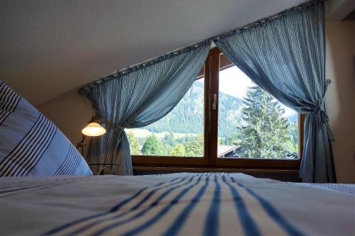 ein Schlafzimmer mit einem Bett und einem Fenster mit Aussicht in der Unterkunft Alpenflair Ferienwohnungen Whg 223 in Oberstdorf