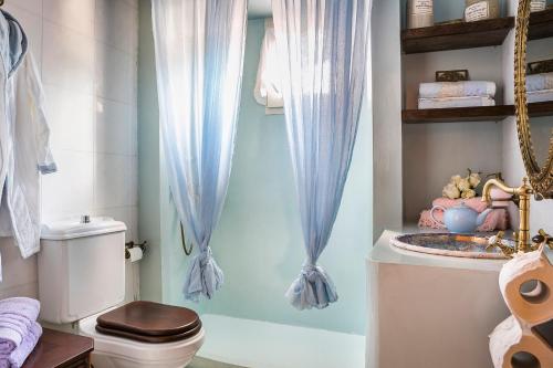a bathroom with a toilet and a blue shower curtain at Palazzino Di Nionio in Karavadhos