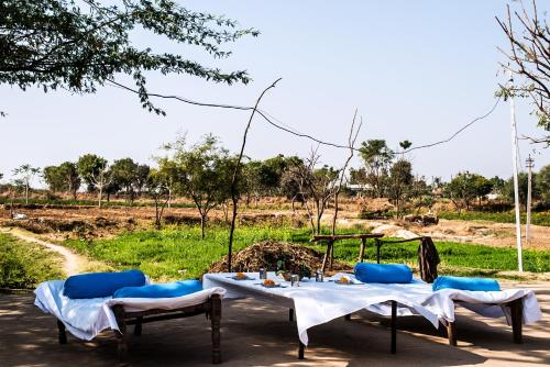 a table with two chairs and a table with blue pillows at Brij Lakshmansagar, Pali - Small Luxury Hotels of the World in Raipur