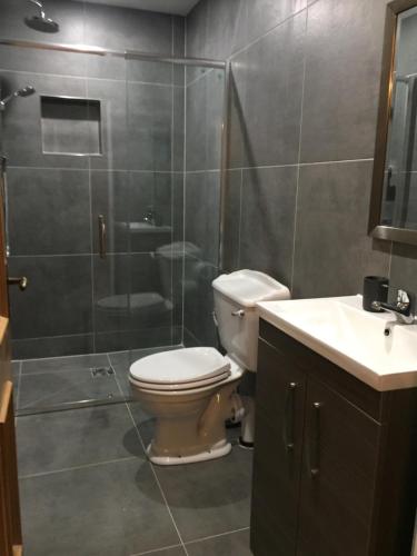 a bathroom with a toilet and a shower and a sink at Four Winds,Kinsale Town,Exquisite holiday homes,sleeps 26 in Kinsale