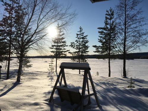 a snow covered field with the sun behind some trees at Säilöksen Lomahuvilat in Luhanka