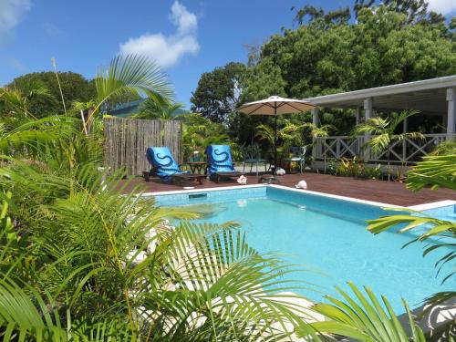 a swimming pool with two blue chairs and an umbrella at Terra Cottage, 1 or 2 bedroom Cottage in Hodges Bay in Cedar Grove