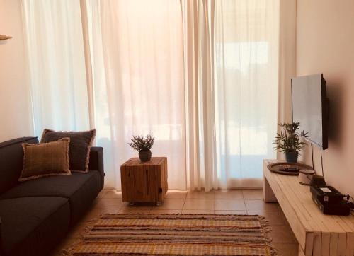 a living room with a couch and a tv at The Beach Garden Apt. in Caesarea