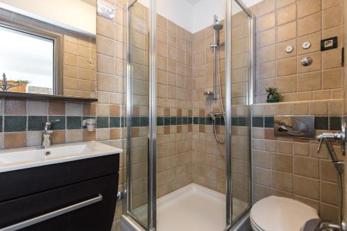 a bathroom with a shower and a toilet and a sink at Apartments DDD in Baška