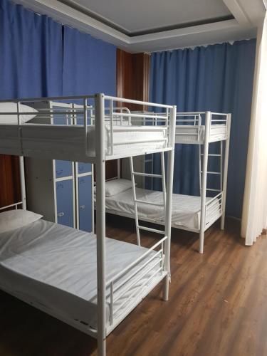 オビエドにあるAlbergue Turístico La Peregrinaの青いカーテンが備わる客室で、二段ベッド2台が備わります。