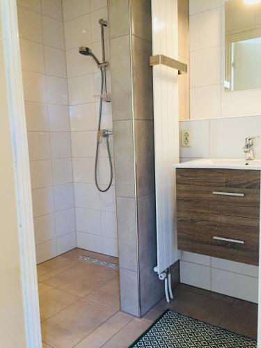 a bathroom with a shower and a sink at Bed and Breakfast: 'Bij ons Achter' in Helvoirt