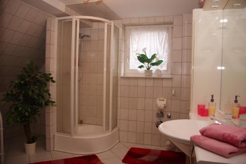アルテンアウにあるHarz-Sonneのバスルーム(シャワー、シンク、バスタブ付)