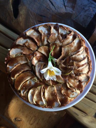 a cake with a flower on a plate on a table at Casa Cuento in Concón