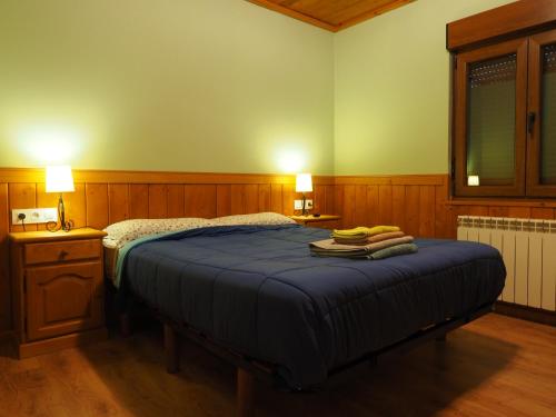 1 dormitorio con 1 cama con sábanas azules y 2 lámparas en Planet Ancares, en Candín