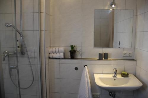 La salle de bains blanche est pourvue d'un lavabo et d'une douche. dans l'établissement Boardinghouse Frank, à Langenbach