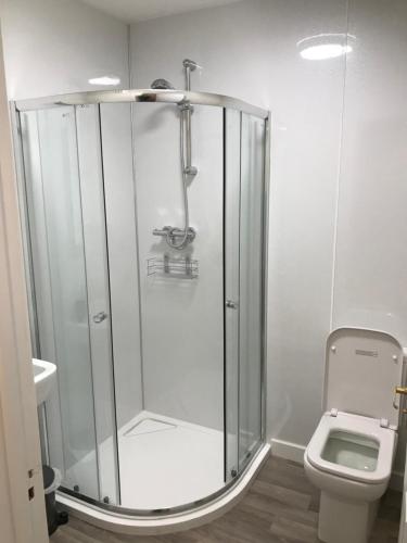 a shower stall in a bathroom with a toilet at 2 Lower Kessock Street in Inverness