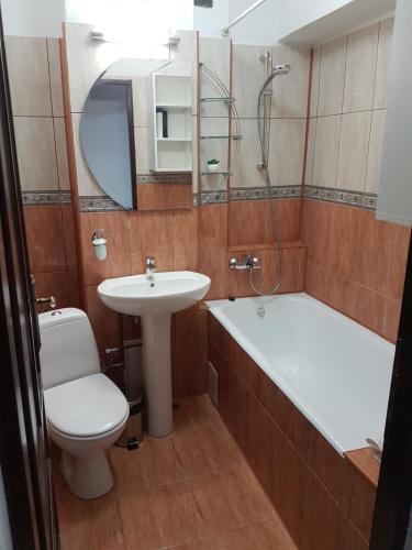 a bathroom with a toilet and a sink and a tub at Amedeea Accomodation in Timişoara