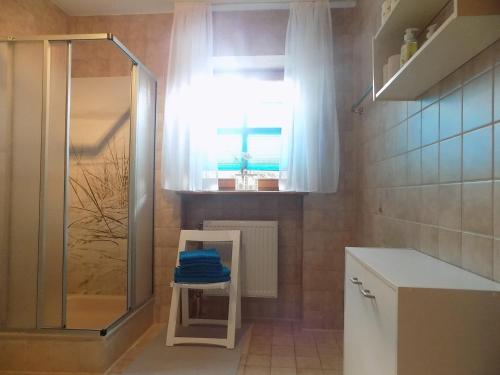 baño con ducha y taburete con ventana en Ferienwohnung Waldblick Hauzenberg en Hauzenberg
