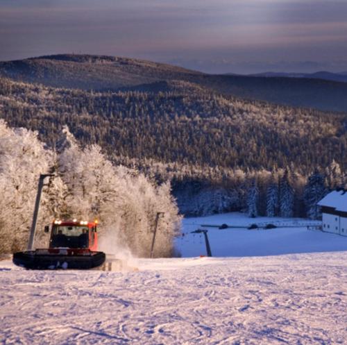a snow bulldozer on a snow covered hill with trees at Apartment Almberg in Mitterfirmiansreut