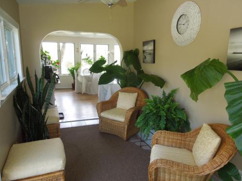 a living room with chairs and plants and a table at Hamlet Inn in Southampton