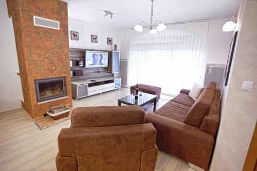 a living room with a couch and a fireplace at Apartmán ENZO č 103 Tále Chopok Juh in Tale