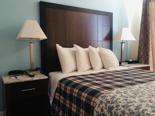 a hotel room with a bed with a large headboard at Dolphin Cove Motel in Pismo Beach