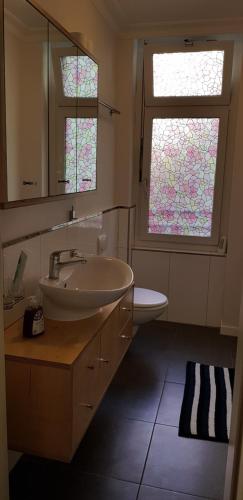a bathroom with a sink and a toilet and a mirror at Homestay Zurich City in Zurich