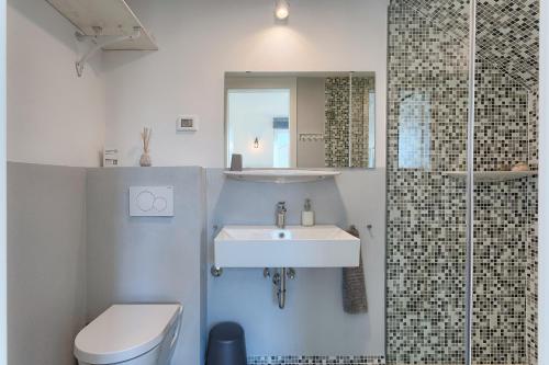 a bathroom with a sink and a toilet and a shower at Casa Mia Apartments in Premantura