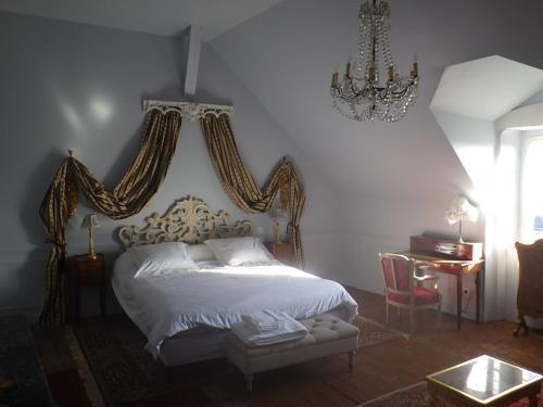 a bedroom with a bed and a chandelier at castel de la comtesse in Blois