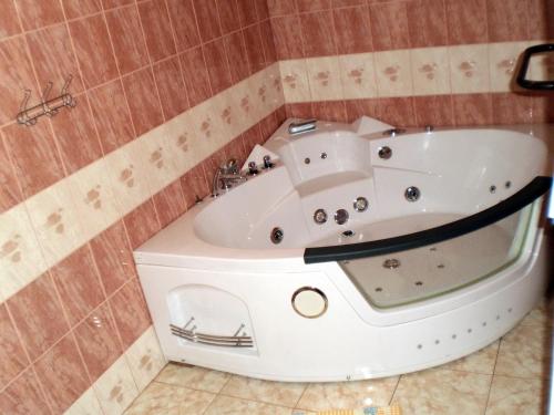 a bath tub in a bathroom with a sink at Hotel Vltava in Strážné