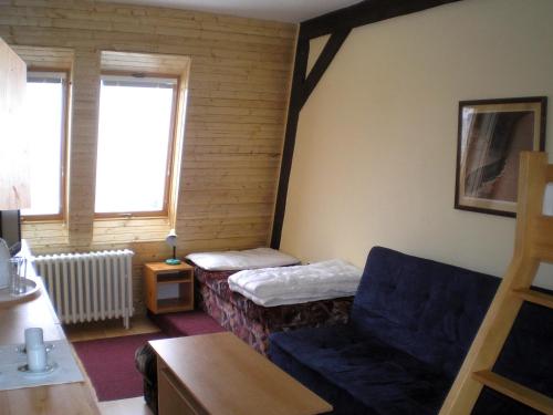 uma sala de estar com um sofá e uma cama em Hotel Vltava em Strázné