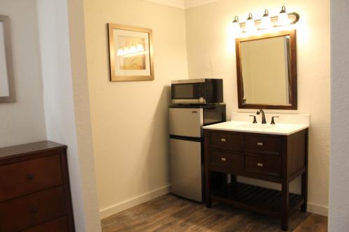 baño con lavabo, espejo y nevera en The Northern Inn, en Redway