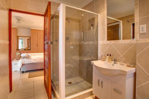 ein Bad mit einer Dusche und einem Waschbecken in der Unterkunft Limoni Luxury Suites in Plettenberg Bay