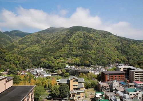 a view of a city with a mountain in the background at Aura Tachibana in Hakone