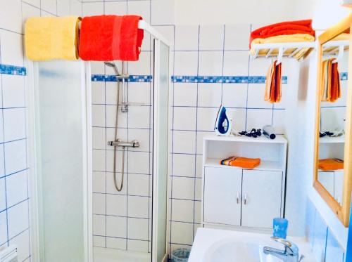 une salle de bain avec douche et lavabo dans l'établissement Les Oiseaux, à Barneville-Carteret