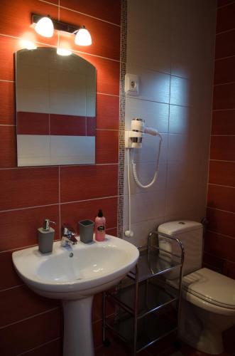 a bathroom with a sink and a toilet and a mirror at Panoramic in Baia-Sprie