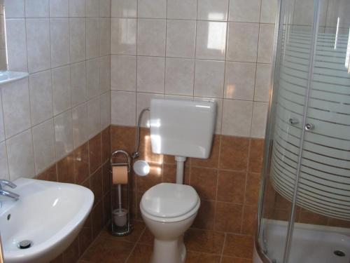 een badkamer met een toilet en een wastafel bij Szalay Vendégház in Hegykő
