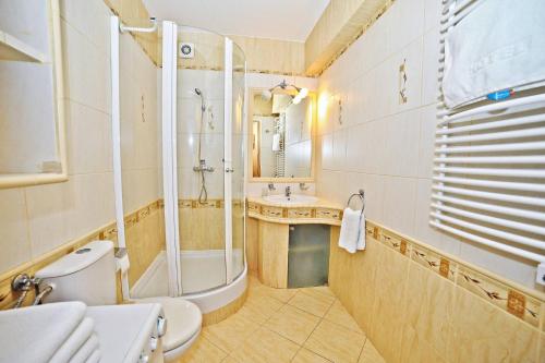 ソポトにあるGrand Apartments - Timber Apartment in Sopotのバスルーム(トイレ、シャワー、シンク付)
